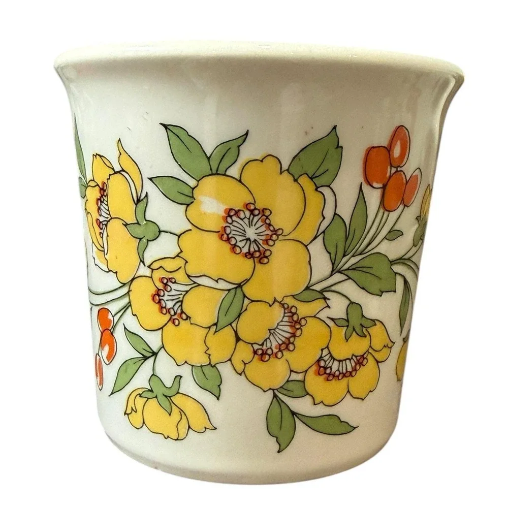 Vintage 70s Floral Mugs Taylor USA Set‎ 4 Yellow Orange Boho Retro Cups